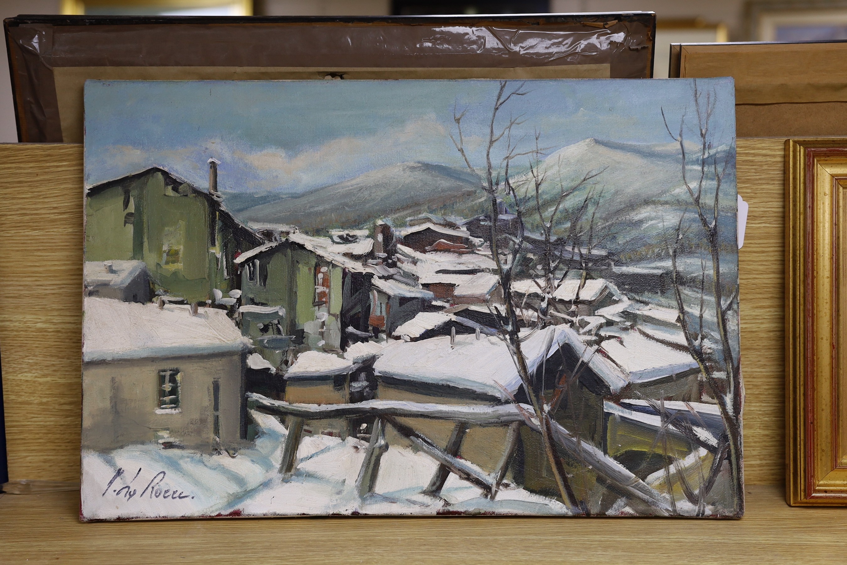 J. La Rocce, oil on canvas, Alpine town in winter, signed, 40 x 60cm, unframed